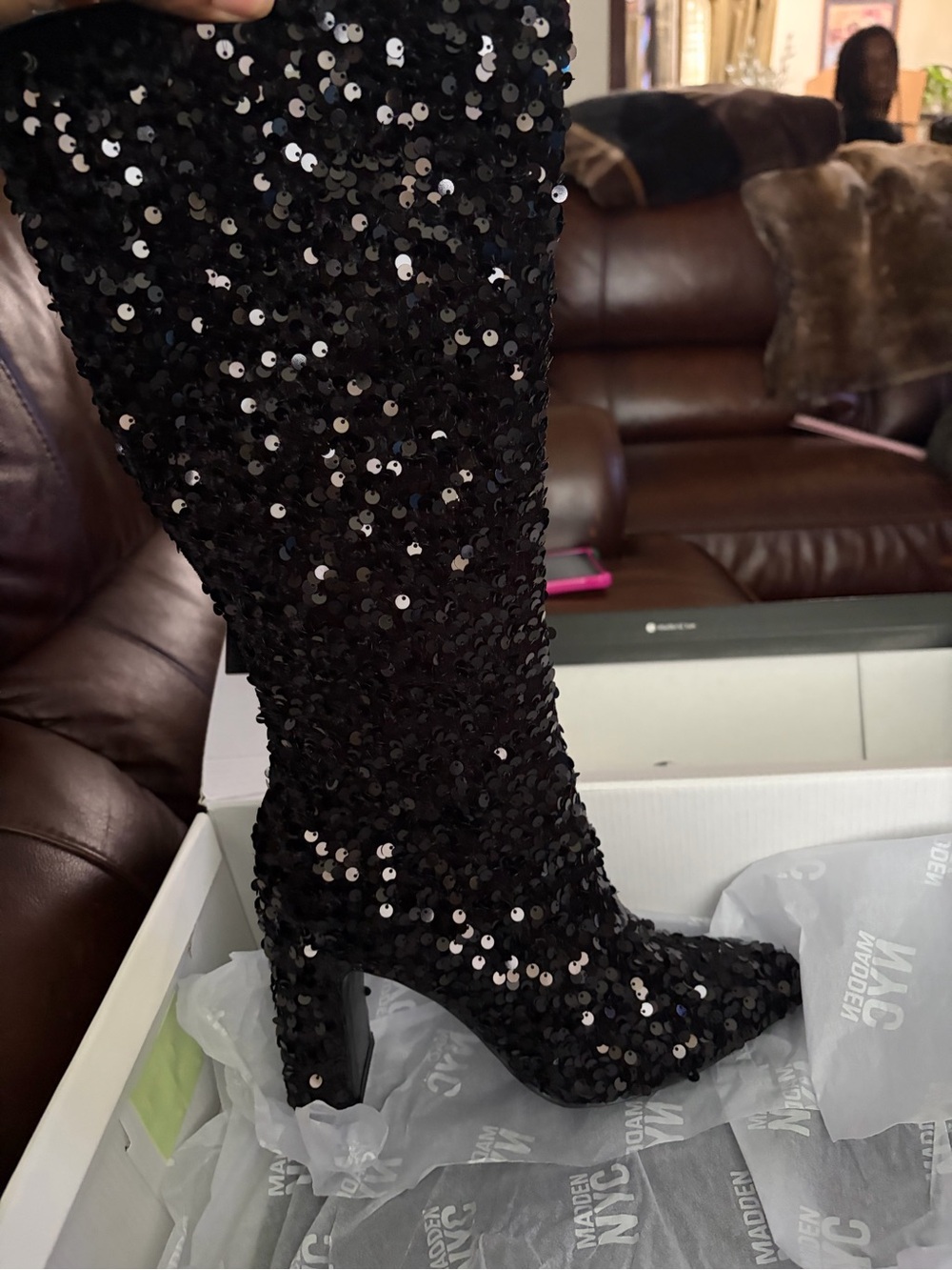 Steve Madden Black Sequin Knee-High Block Heel Boots